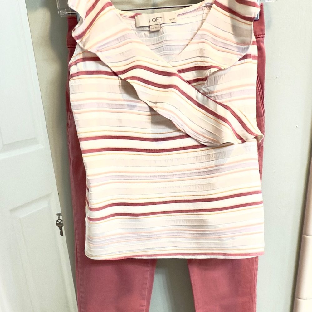 LOFT Striped Crop Top - White and Pink ( muted)